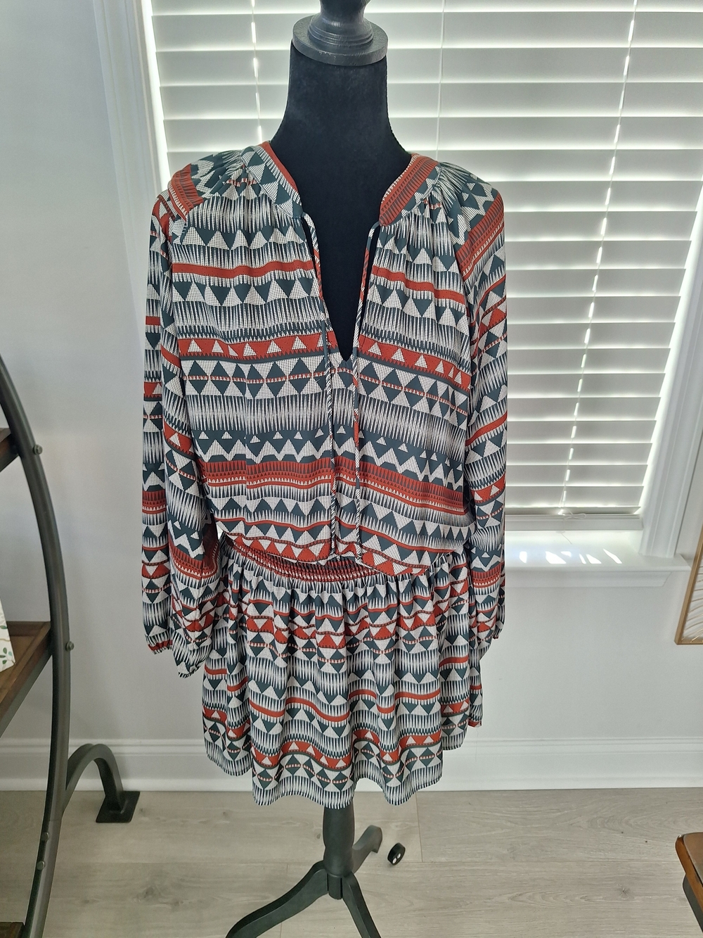 Allison Joy Geo-Print Long Sleeve Mini Dress in Rust,Green & White - Made In USA